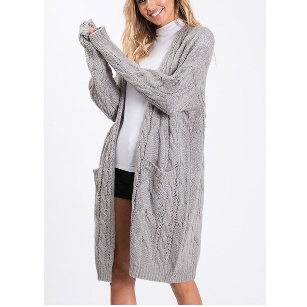 Gray Cable Knit Long Sweater Cardigan - Picture 2 of 5